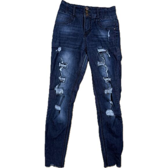NO BO Corset-Waist Sculpting Skinny Jeans Blue Distressed Frayed Ankle Size 6 - Picture 1 of 13